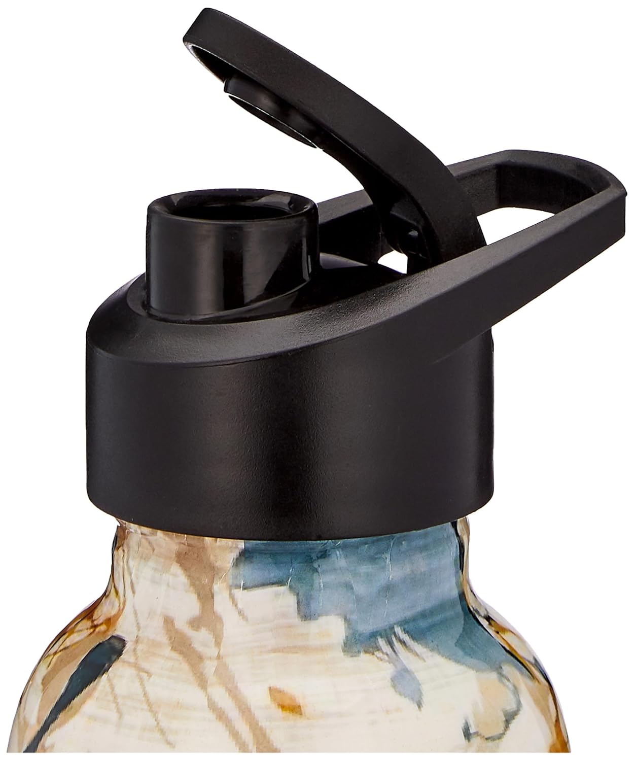 Close-up of a black bottle cap on a colorful water bottle