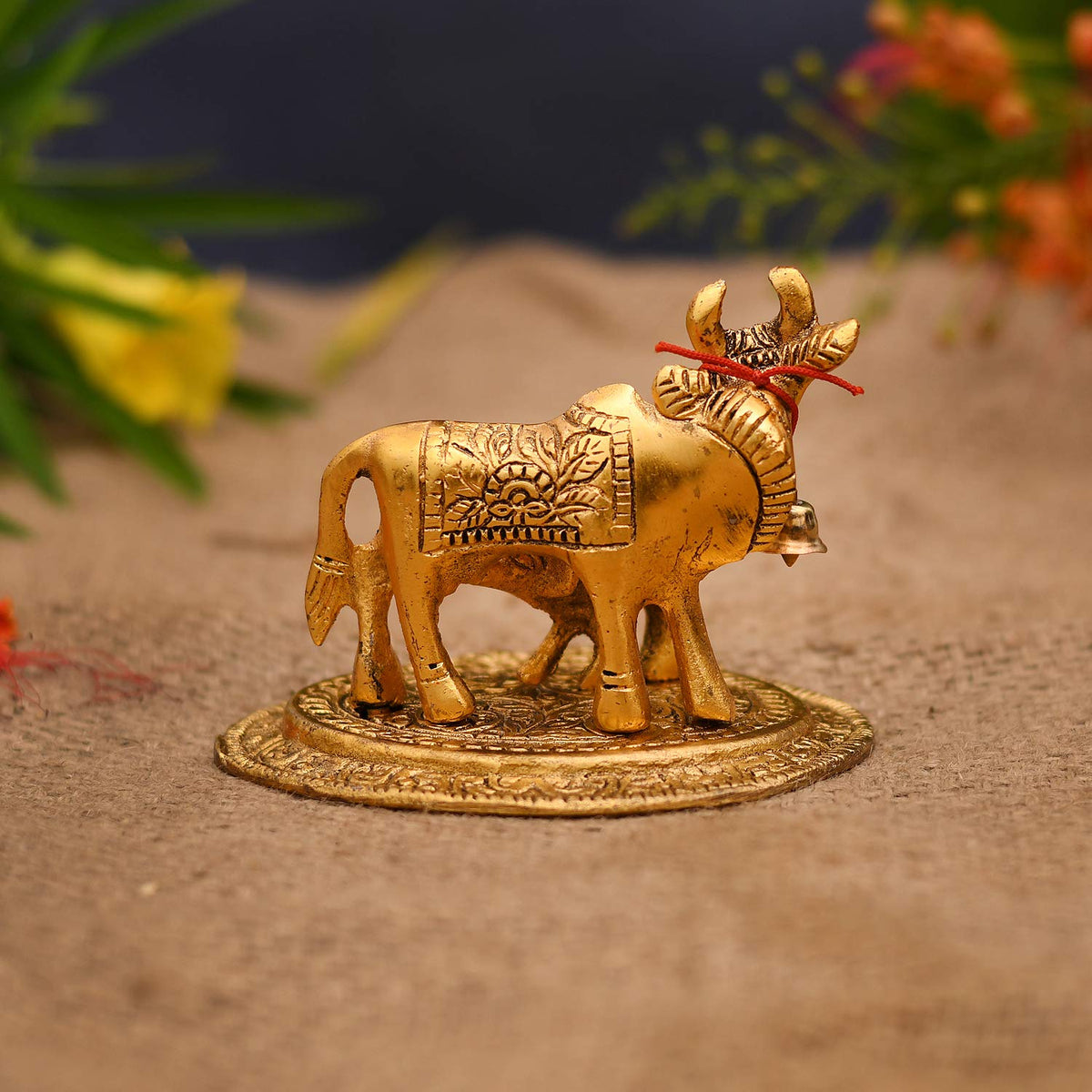 Kamdhenu Cow with Calf Metal Statue Figurine Decorative Gift Item Showpiece for Home Decor - Diwali Decorations Religious Items for Home (Set of 1), Golden, Figures;People;Religion