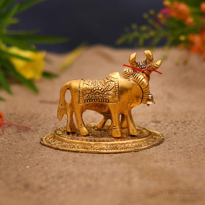 Kamdhenu Cow with Calf Metal Statue Figurine Decorative Gift Item Showpiece for Home Decor - Diwali Decorations Religious Items for Home (Set of 1), Golden, Figures;People;Religion