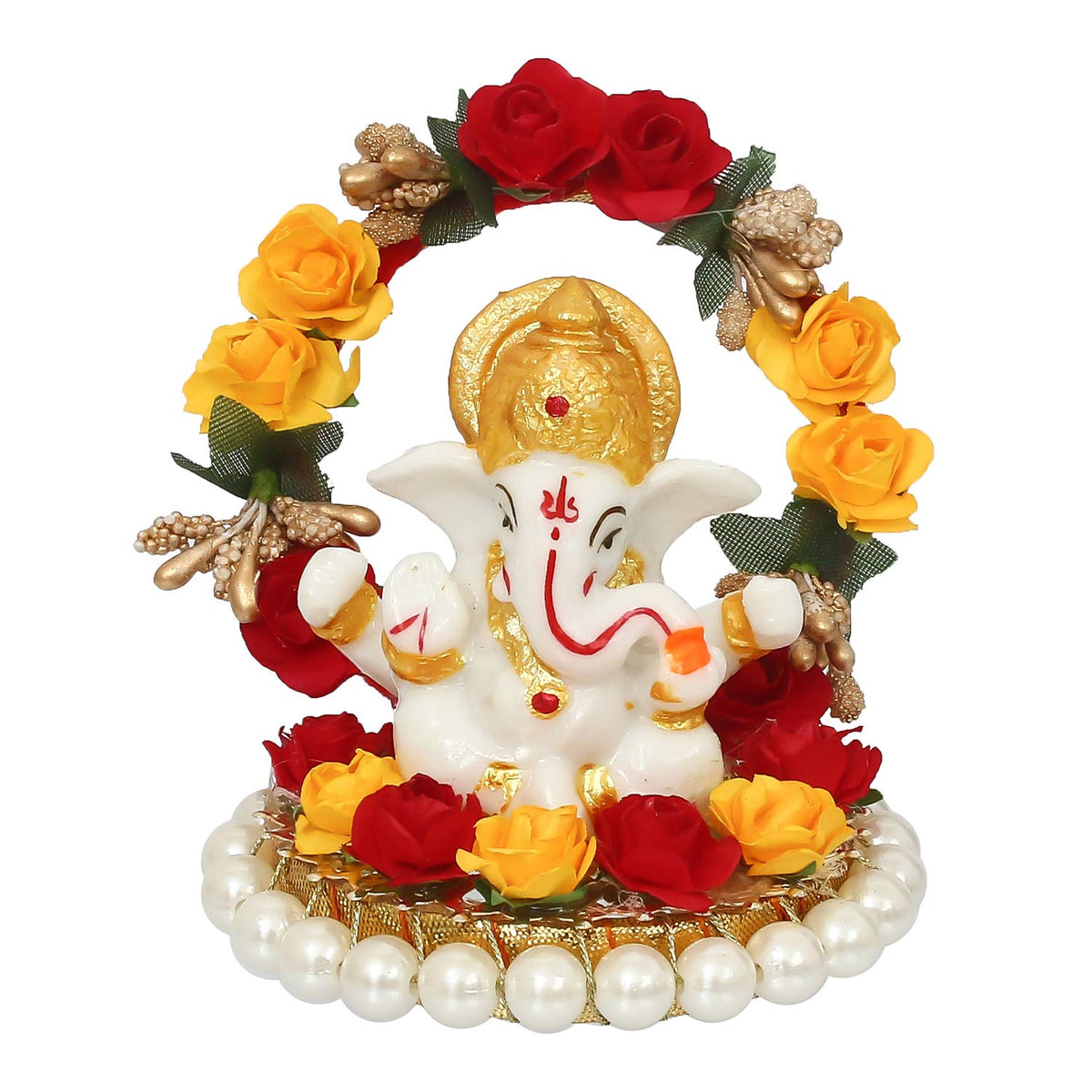 Resin Lord Ganesha Idol On Decorative Rose Flower Plate- Ganesha Idol for Home Decor Car Dashboard- Ganesha Statue- Ganesh Murti- Ganpati Murti God Statue Gift for Diwali Housewarming