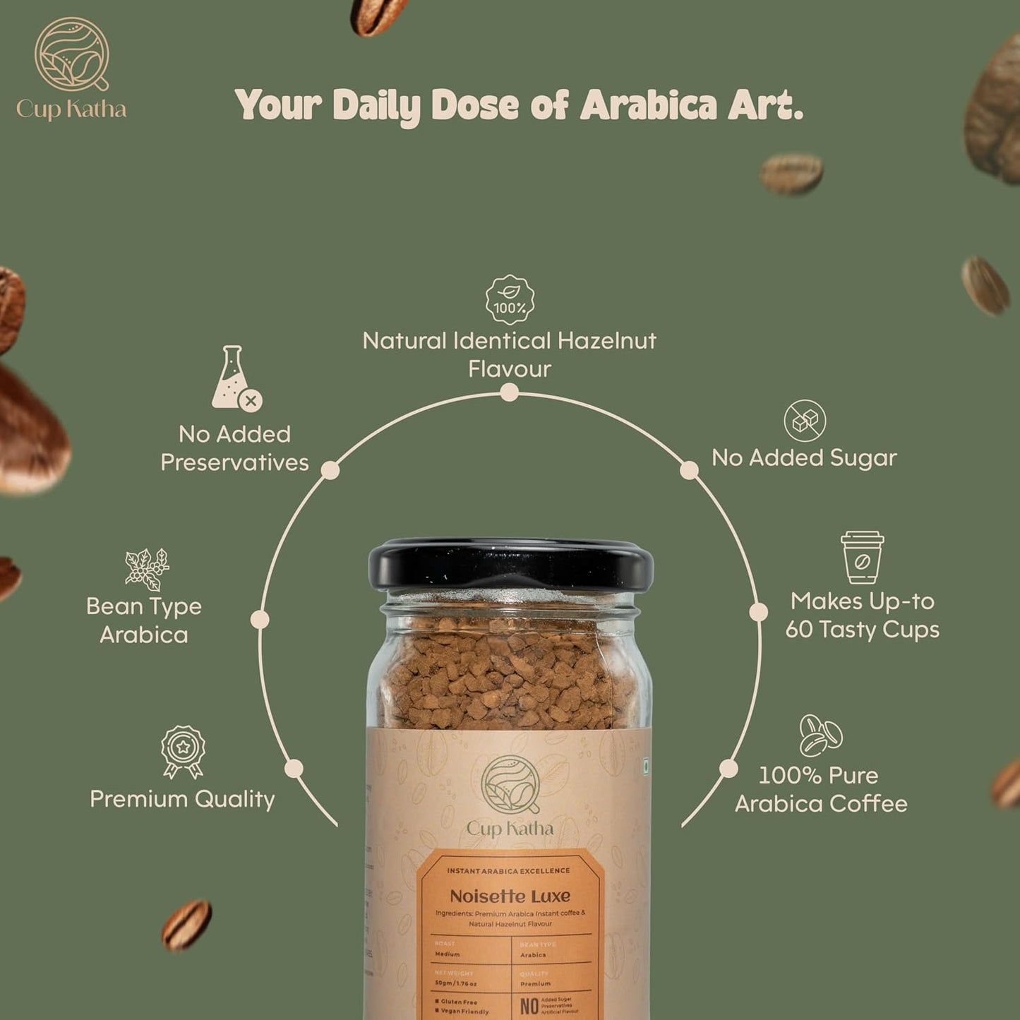 Cup Katha Noisette Luxe Instant Coffee | Freeze-Dried Arabica | Medium Roast | 50 Gram - Glass Jar (Natural Hazelnut)