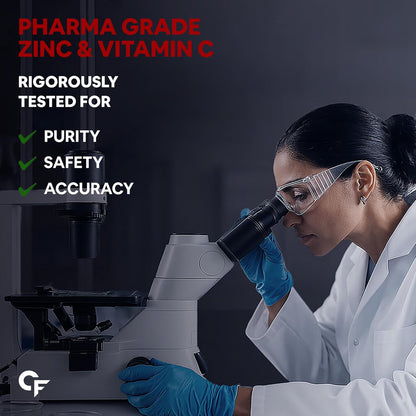 Person in a lab coat using a microscope with text about pharma-grade zinc and vitamin C testing.