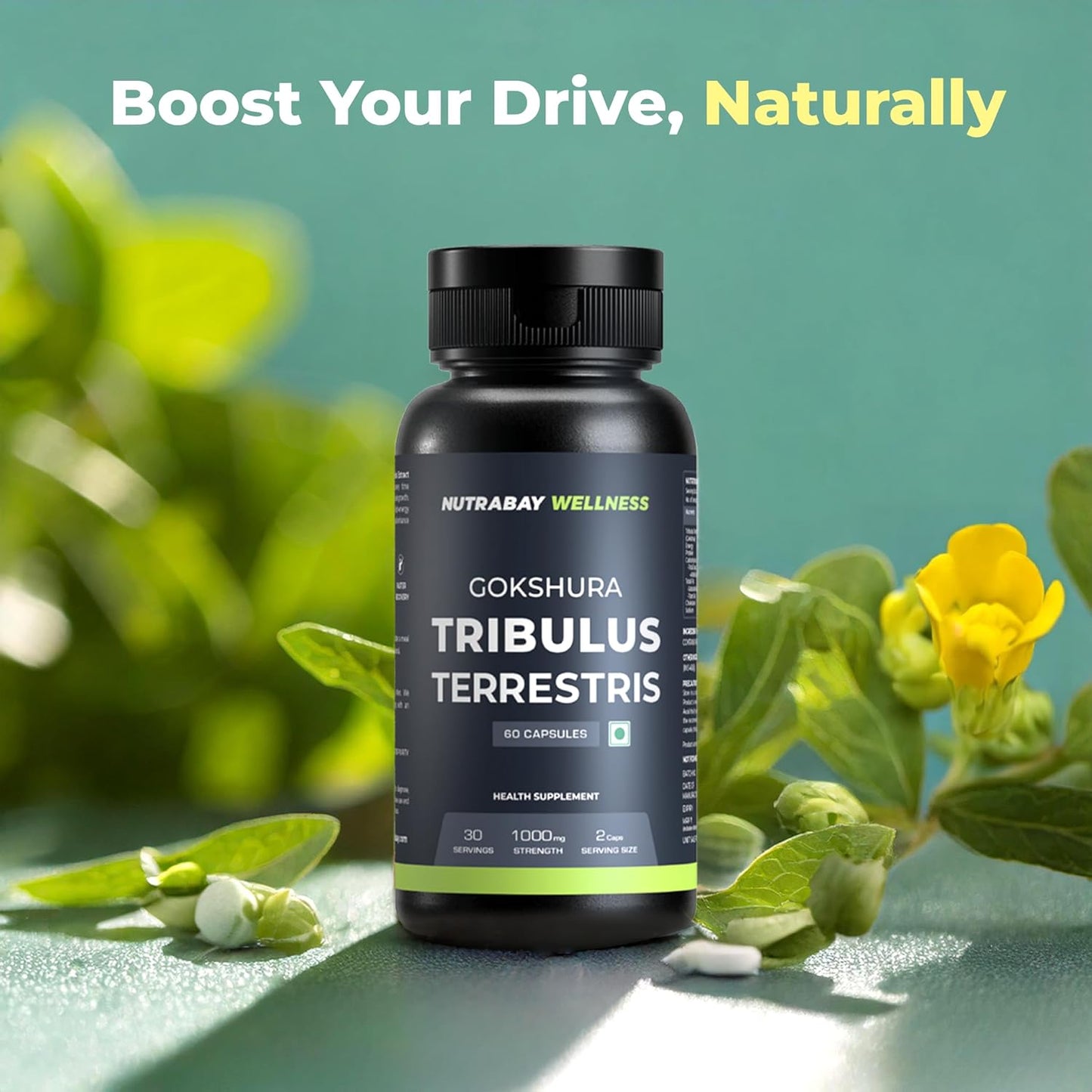 Supplement bottle labeled 'Gokshura Tribulus Terrestris' with greenery in the background