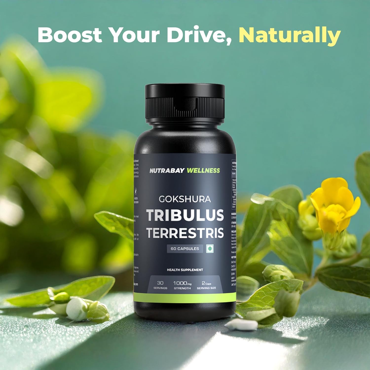 Supplement bottle labeled 'Gokshura Tribulus Terrestris' with greenery in the background