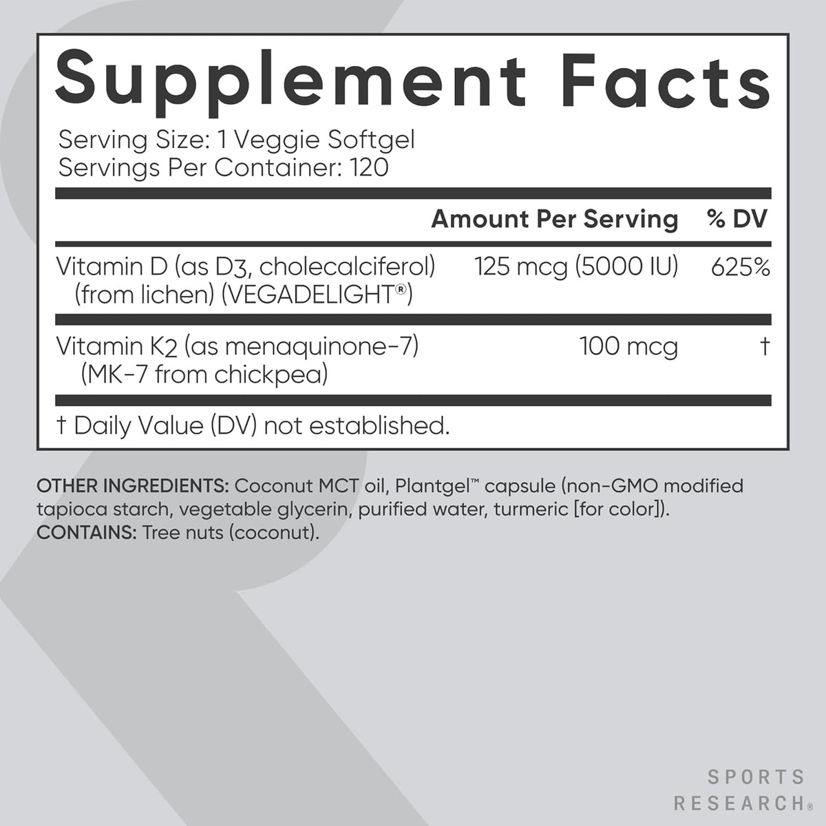 Supplement facts label with vitamins D and K2 on a gray background