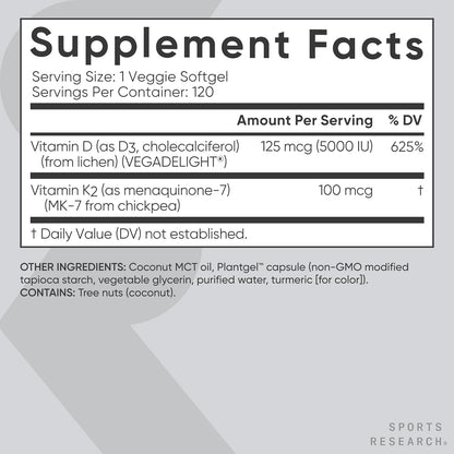 Supplement facts label with vitamins D and K2 on a gray background