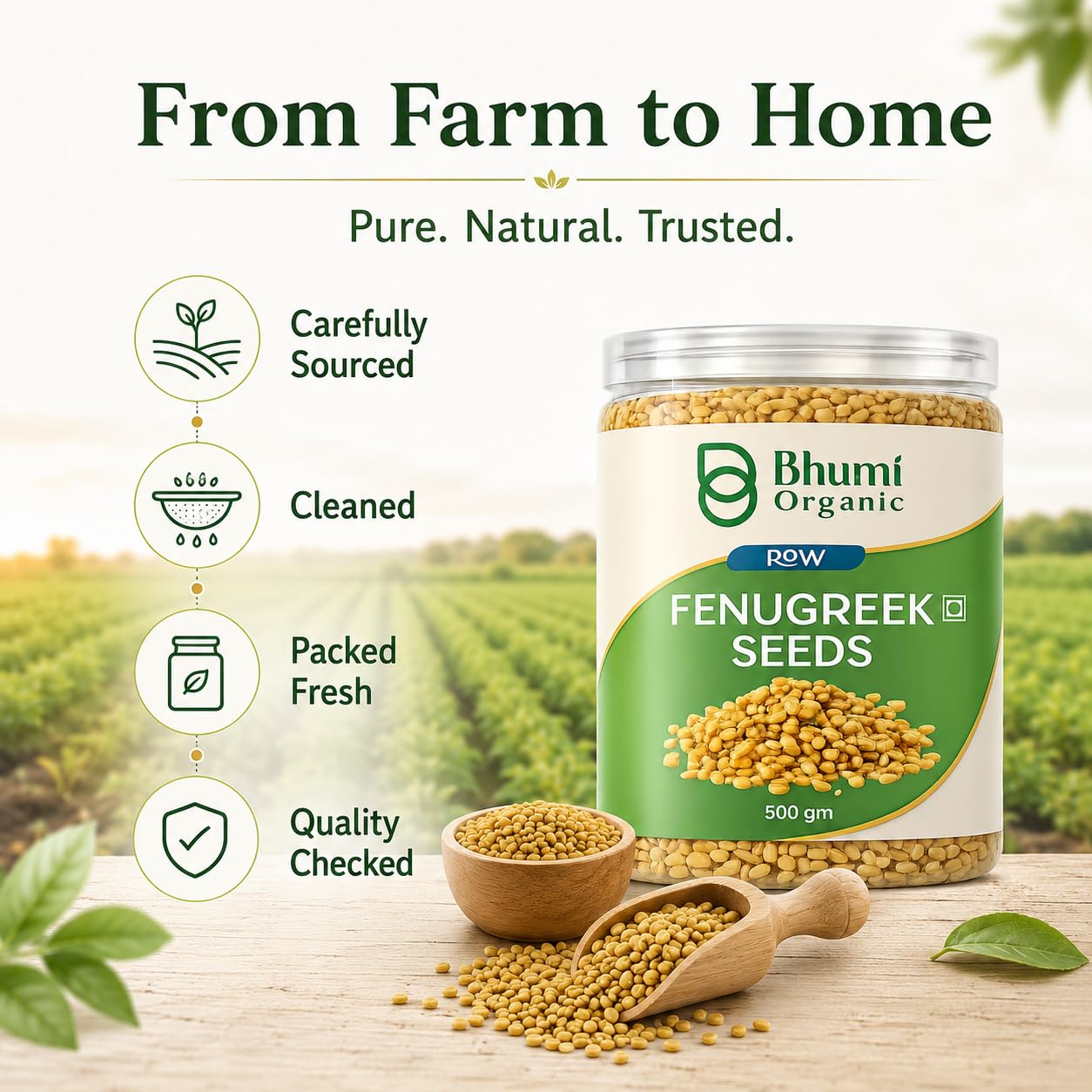 Bhumi Organic Fenugreek Seeds (Methi Dana) – Whole, 500g | Jaivik Bharat Certified, For Hair Growth, Diabetes & Digestion, No Preservatives