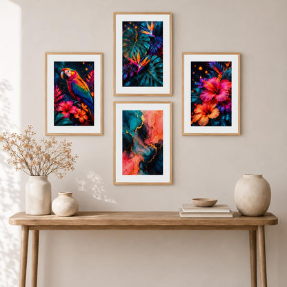 Set of 4 Tropical Parrot Floral & Abstract Wall Paintings with Sparkle Laminate and Premium Wooden Synthetic Frame for Living Room Bedroom Office Decor (13.5 x 19.5 Inch)