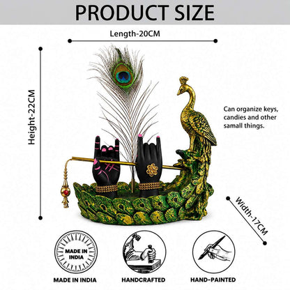 Krishna Hand Mor Pankh Showpiece for Home Decor, Lord Krishna Decorative Statue with Peacock Feather & Flute Design, Spiritual Idol for Living Room, Pooja & Gifting (Green, 22cm)