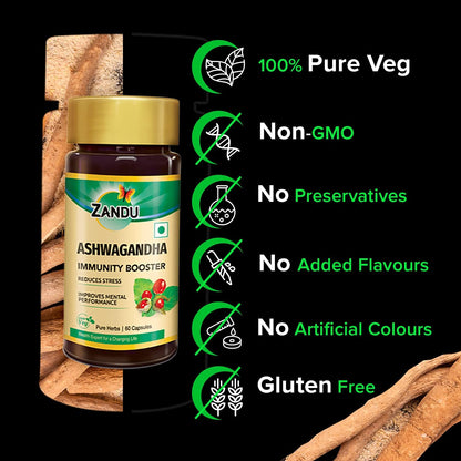 Zandu Ashwagandha 60 Veg Caps | 100% Pure Ashwagandha Root Extract | Scientifically Proven for Stress Relief With 5X Withanolide*| Boosts Immunity & Stamina | Rejuvenates Mind & Body| No Preservatives