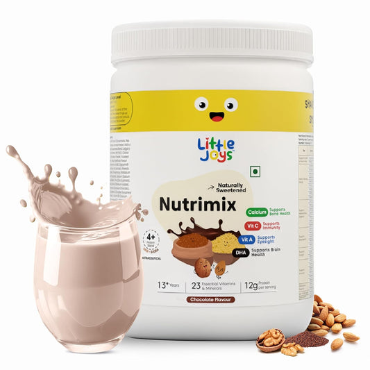 Little Joys Chocolate Nutrimix 13+ (350g) | Naturally Sweetened with Dates & Jaggery | With 23 Essential Vitamins & Minerals | 12g Protein per Serving | Supports Healthy Growth & Boosts Immunity| Chocolate Flavour Nutrition Drink Powder
