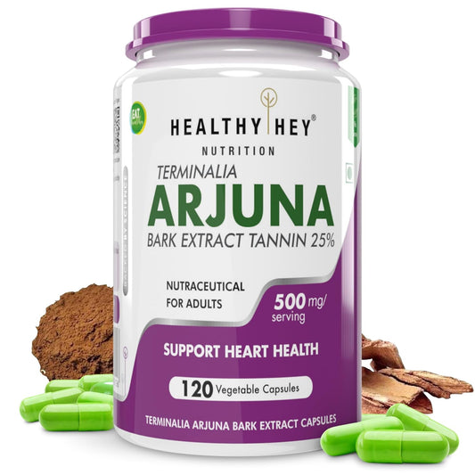 Container of Healthy Hey Nutrition Arjuna supplement with purple lid and white body.