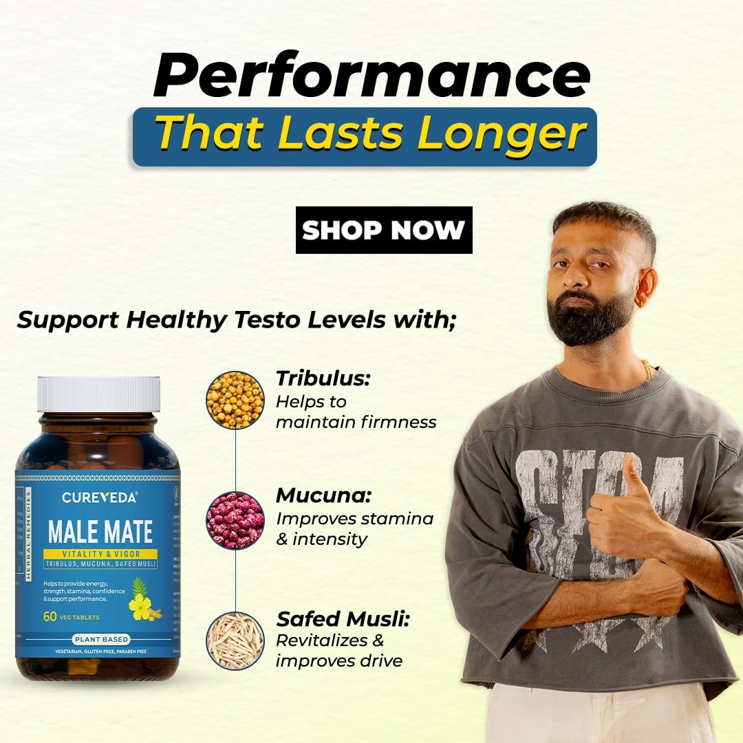 Advertisement for Male Mate supplement with a man and product details on a light background
