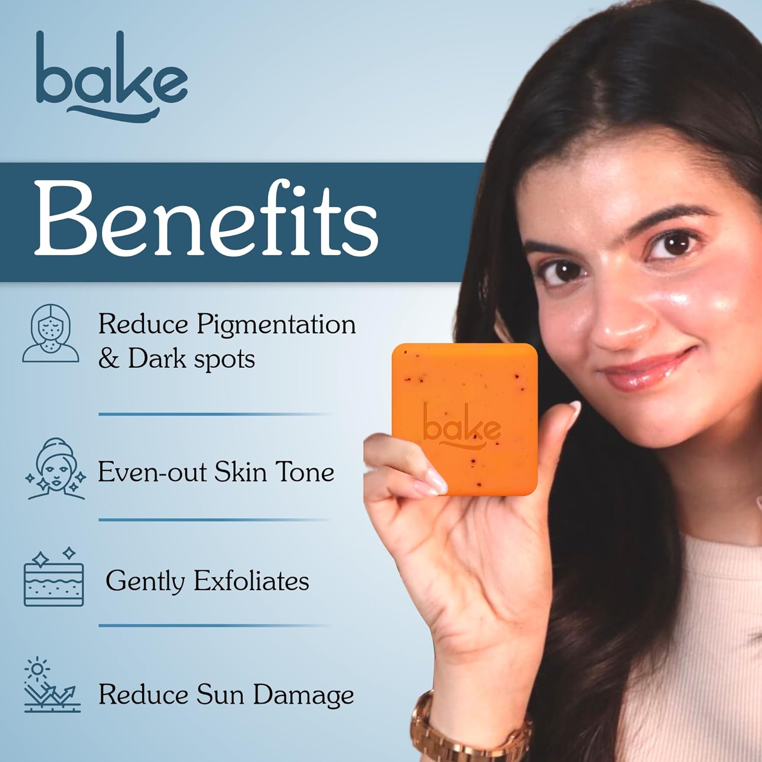 Woman holding an orange bar of soap with 'bake' branding, against a light blue background with text about soap benefits.
