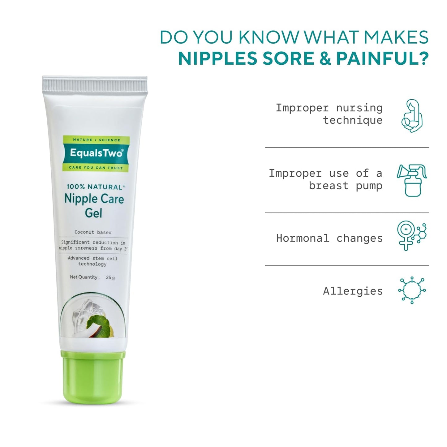 EQUALSTWO by Zydus Nipple Care Gel for Cracked & Sore Nipples, 25gm, 100% Natural Soothing Nipple Gel Cream for Breastfeeding & New Mom, Hypoallergenic, Dermatologically Tested, Pack 1