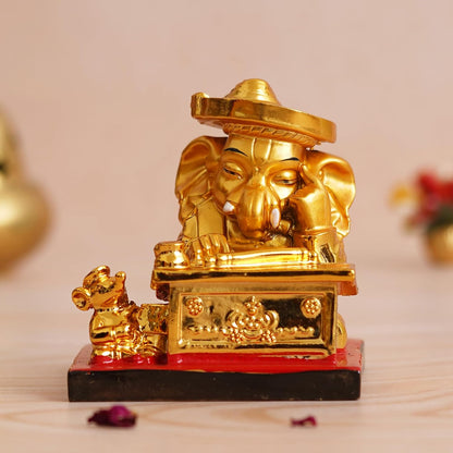 Golden Resin Munim Lord Ganesha Statue | God Idol for Office, Shop, Study Table, Home Temple, Car Dashboard | Ideal Gift for Ganesh Chaturthi, Birthdays, Diwali