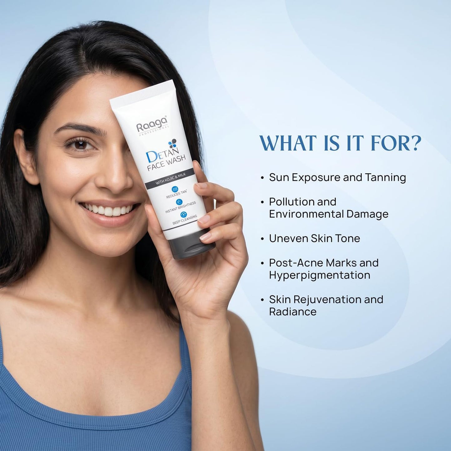 Raaga Professional De-Tan Face Care Combo | Face Wash 100ml + De-Tan Pack 72g | Kojic Acid, Milk, Lactic Acid & Arbutin | Tan Removal & Instant Brightening Kit | For All Skin Types
