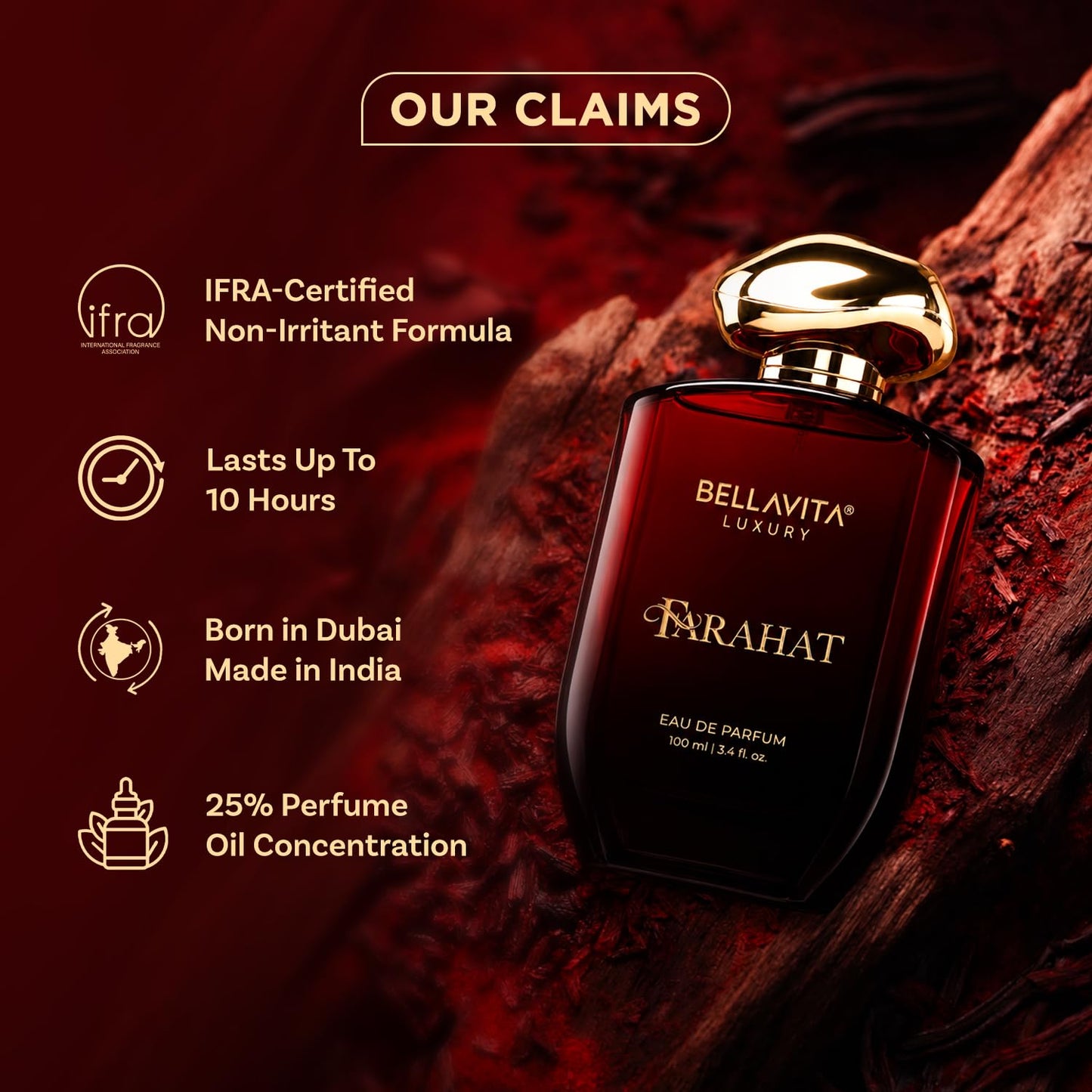 BELLAVITA FARAHAT | Dubai Crafted | Perfume For Man | 100ml | 25% Perfume Oil Concentration | Oud, Saffron, Patchouli & Musk | Premium Long Lasting Fragrance