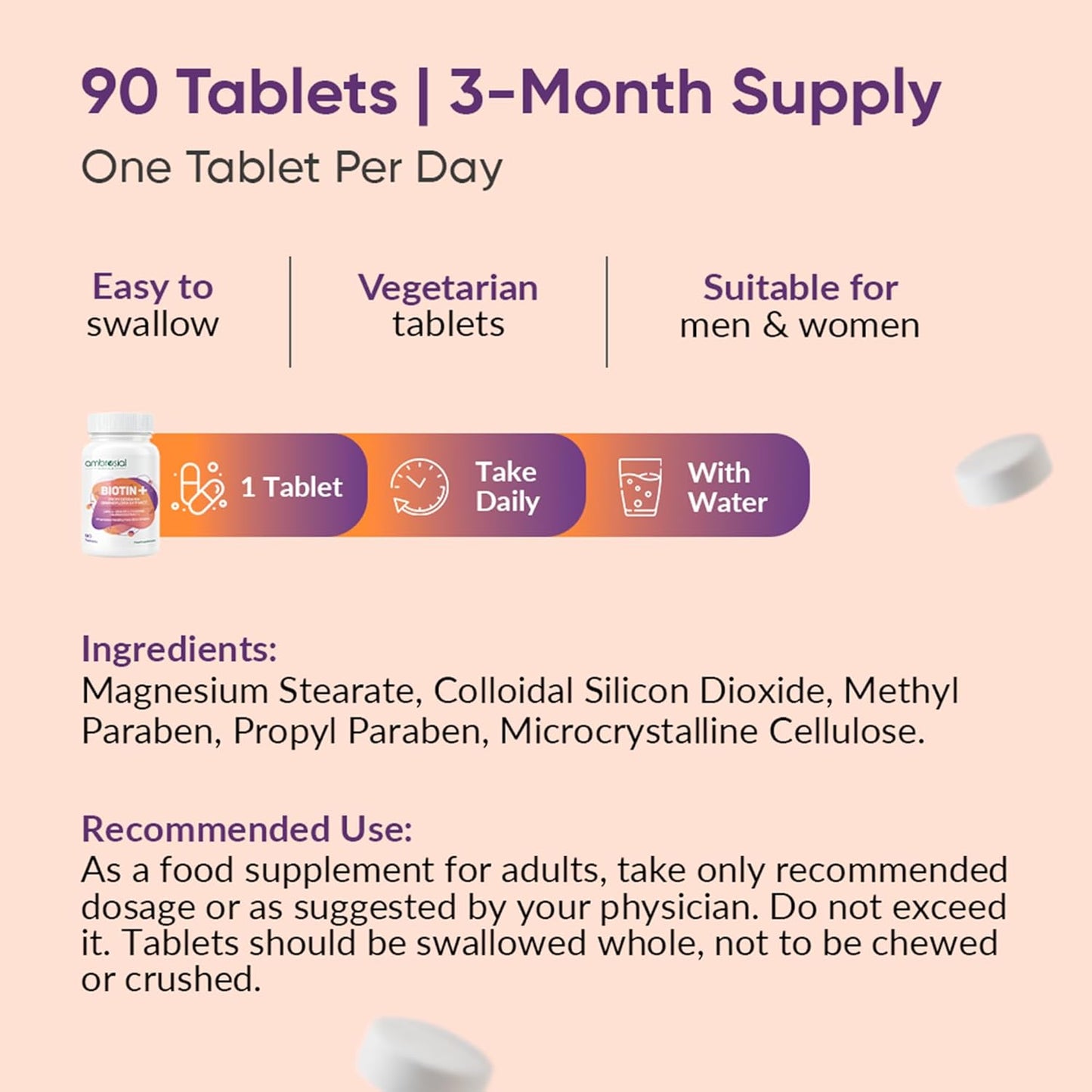 Supplement packaging with information on tablets, supply duration, and usage instructions.
