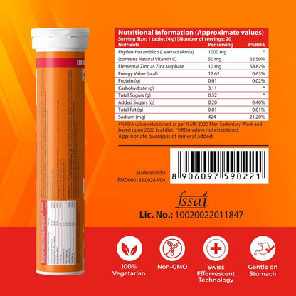 Nutritional information and product details on a supplement tube against an orange background