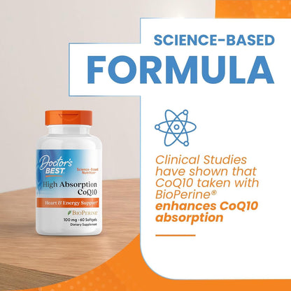 Doctor's Best CoQ10 supplement bottle with promotional text about a science-based formula.