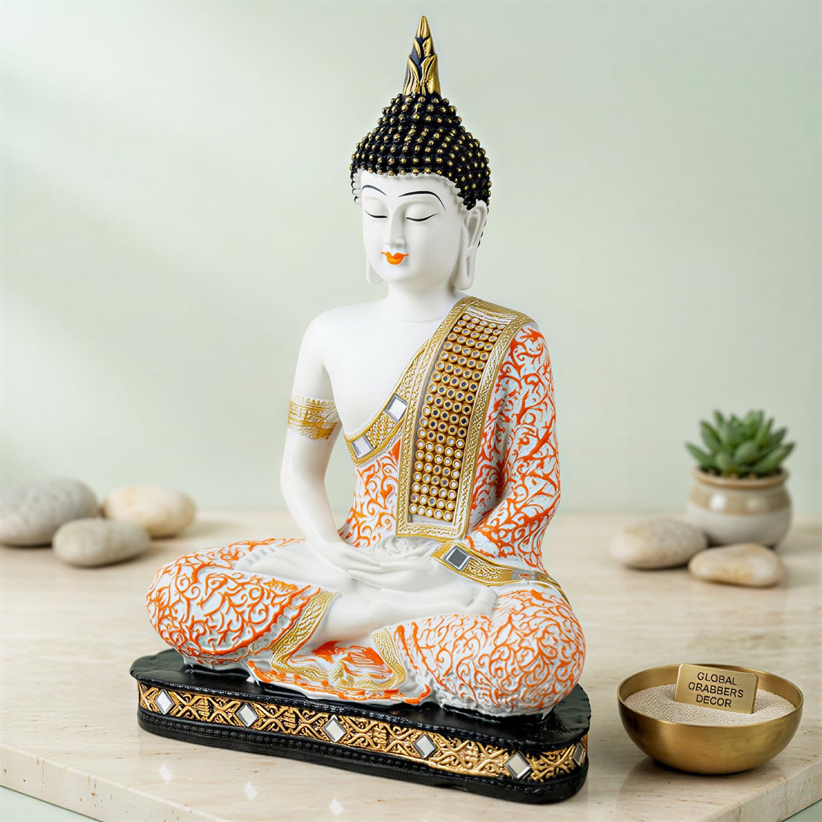New Limited Edition 25 Centimetre Meditating Sitting Buddha Idol Statue showpiece Home Decor Decoration Items for Living Room and Gifts (Orange1 White)