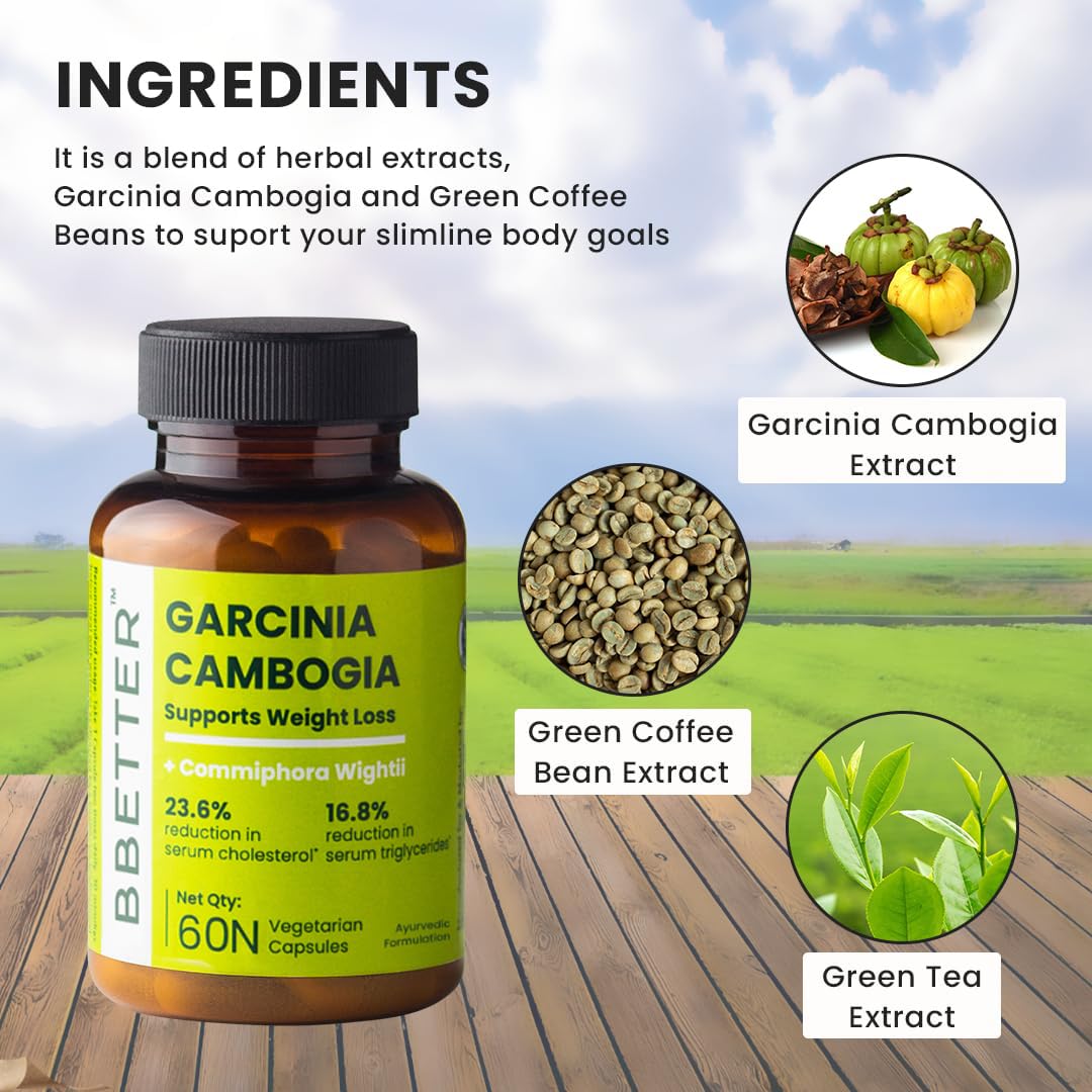 BBETTER Garcinia Cambogia For Weight Loss Capsules For Women And Men - With Green Coffee Green Tea Guggulu Extract & Inulin - Keto supplement- 60 Veg capsules