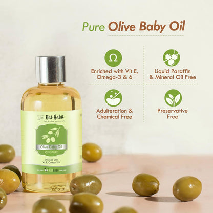 Nat Habit 100% Pure Olive Baby Oil For Baby Skin & Hair, Enriched With Vit E & Omega-3, 6 Non-Refined, LLP Free, Chemical & Preservative Free - 100 ml