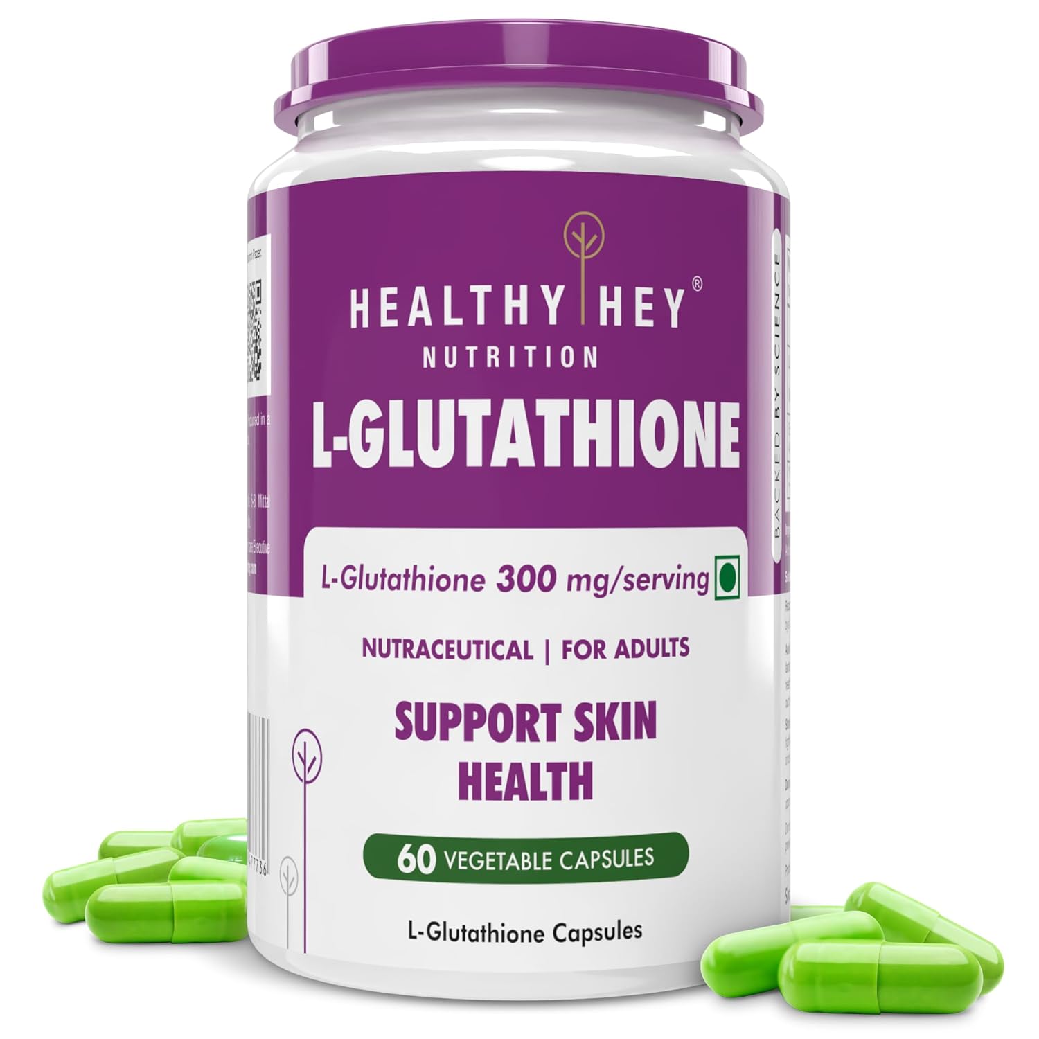 L-Glutathione supplement container with purple and white label on a white background