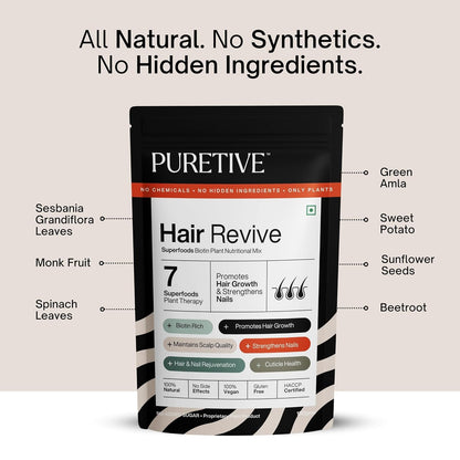 PURETIVE Hair Revive package with ingredients listed on a beige background