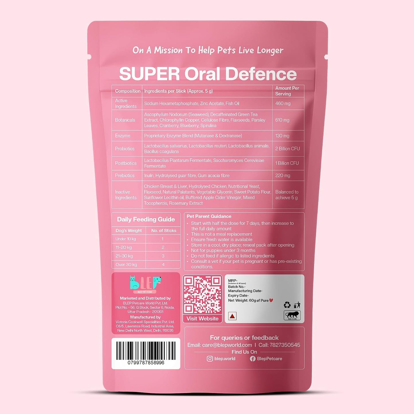 BLEP Super Oral Defence - Dog Dental Supplement, Bad Breath, Plaque, Tartar & Gum Health | Seaweed, Enzymes & Probiotics | Daily Teeth Cleaning | Chicken Chew Sticks, 60g