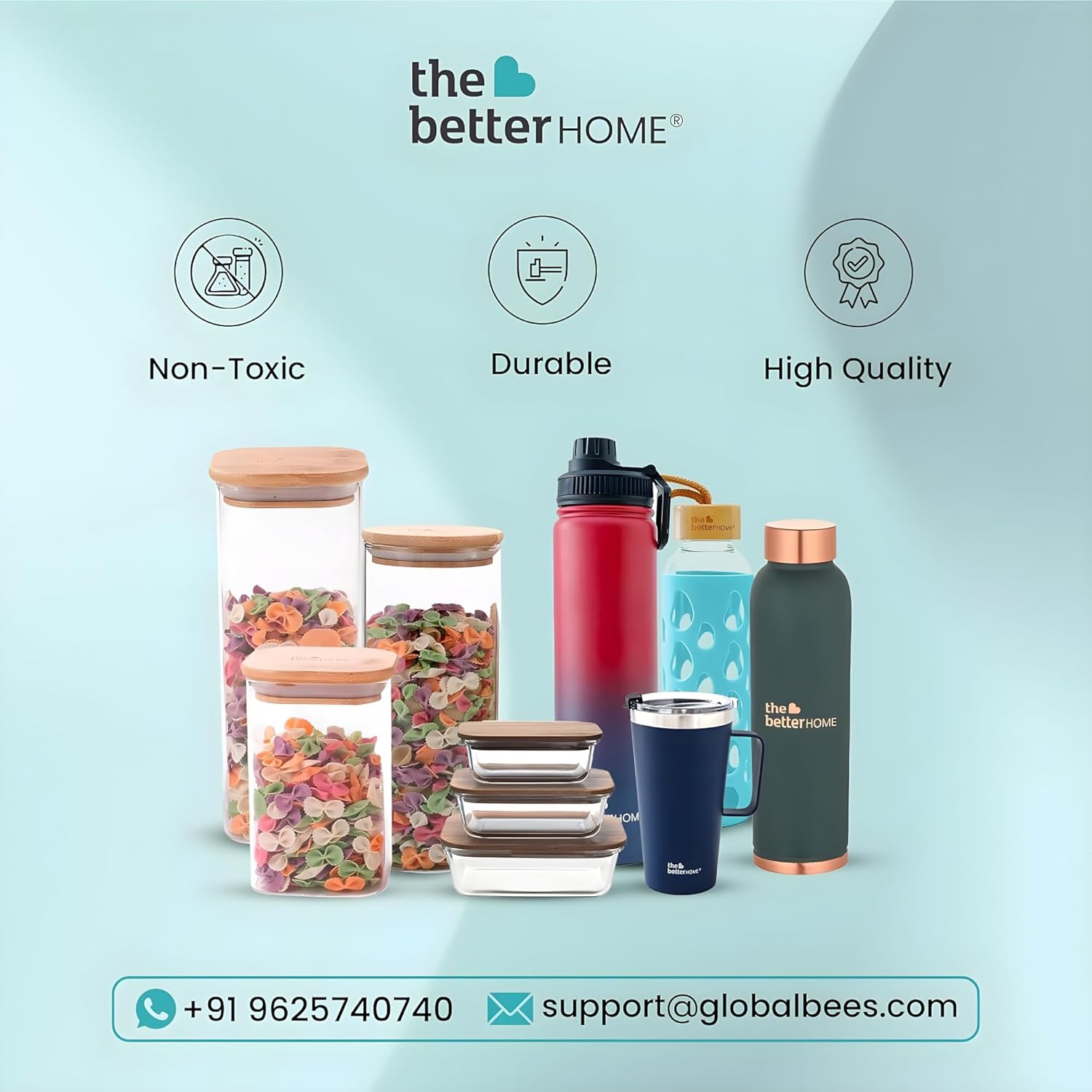 Collection of kitchenware items with 'the better HOME' branding on a light blue background.