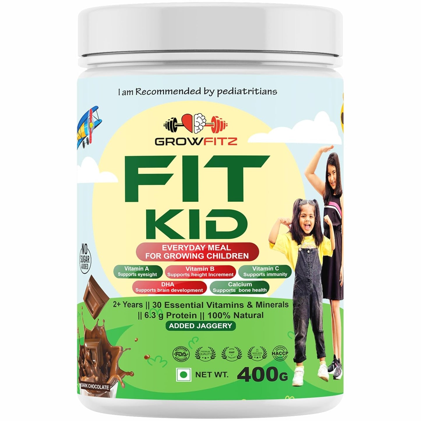 Growfitz FitKid | Natural Healthy Everyday Meal for Kids 2-18 | Supports Bone Strength, Immunity, Brain Development | No Sugar, Only Jaggery | 6.3g Protein | Almonds, Walnut, Ragi, Bajra, Chocolate Powder