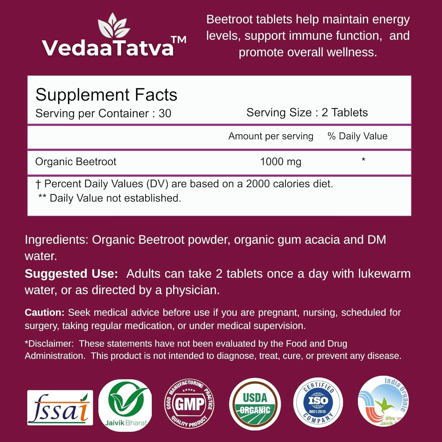 VedaaTatva supplement facts label with ingredients and usage instructions on a purple background