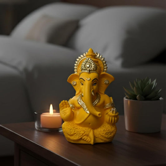 Elegant Resin Ganesha Idol for Home Temple Décor, Lord Ganpati Murti for Pooja Room, Car Dashboard, Gift Item | Color: Yellow