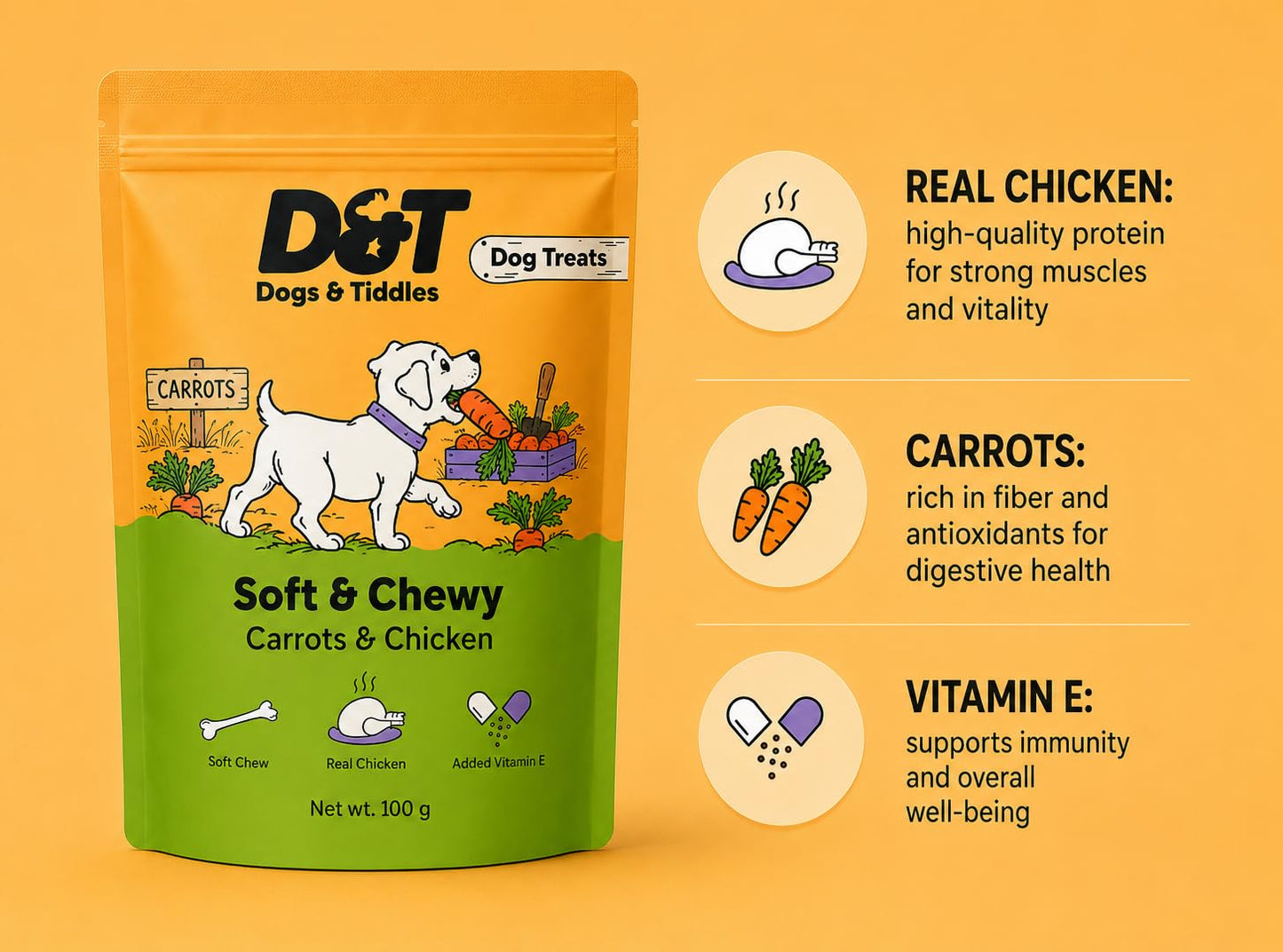 Dogs & Tiddles Carrot & Real Chicken Dog Treats for Puppies & Adult Dogs, 100g | Soft & Chewy Puppy Treats | Tasty Training Treats and Dog Snacks|Supports Digestion & Muscle Health