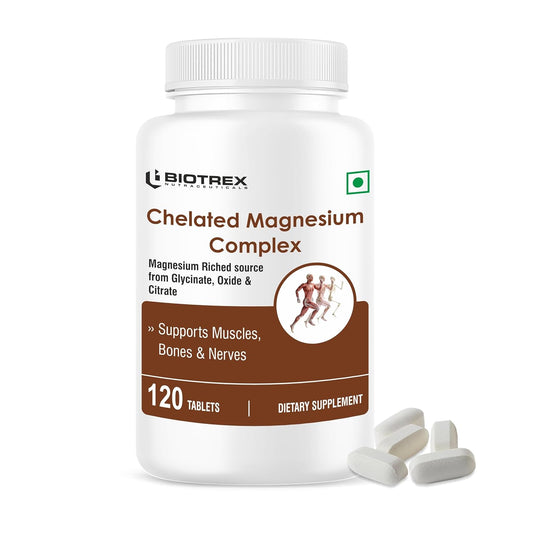 Biotrex Nutraceuticals Chelated Magnesium Complex, Magnesium Riched Source From Glycinate, Oxide & Citrate, Supports Bone, Muscle & Nerves Health - 120 Vegetarian Tablets