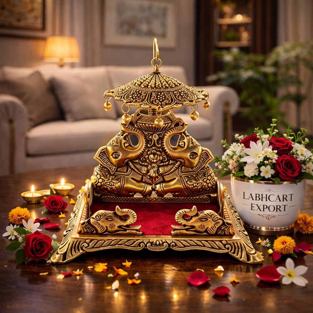 LABHCART Metal Krishna Sihasan, Laddu Gopal Singhasan for Home and Office Metal Home Temple - (10 Cm X 8 Cm X 18 Cm), Gold