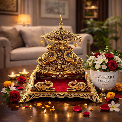 LABHCART Metal Krishna Sihasan, Laddu Gopal Singhasan for Home and Office Metal Home Temple - (10 Cm X 8 Cm X 18 Cm), Gold