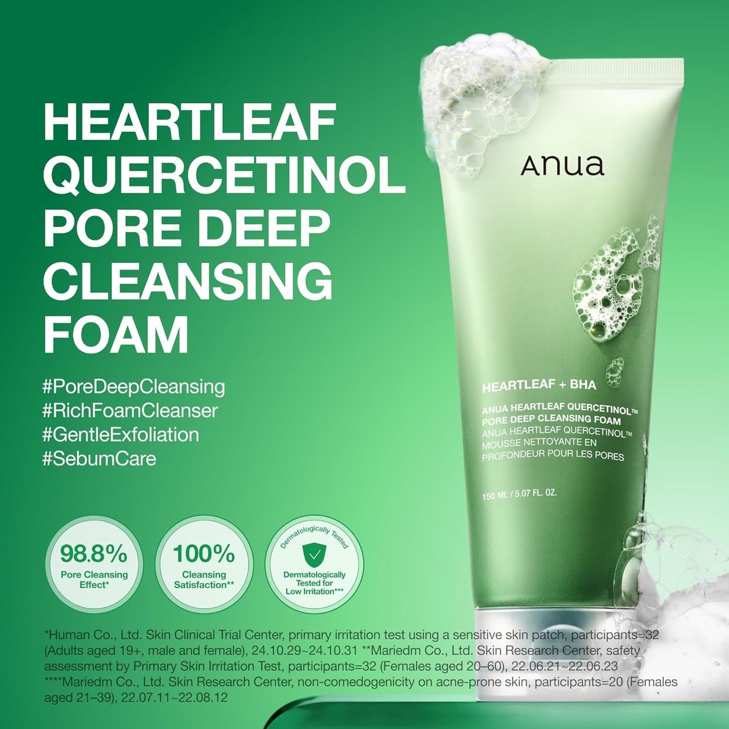 Anua Heartleaf Quercetinol Pore Deep Cleansing Foam, Facial Cleanser, for Double Cleansing, BHA, Hyaluronic Acid, Glycerin, Face Wash, Blackhead Remover, Korean Skincare