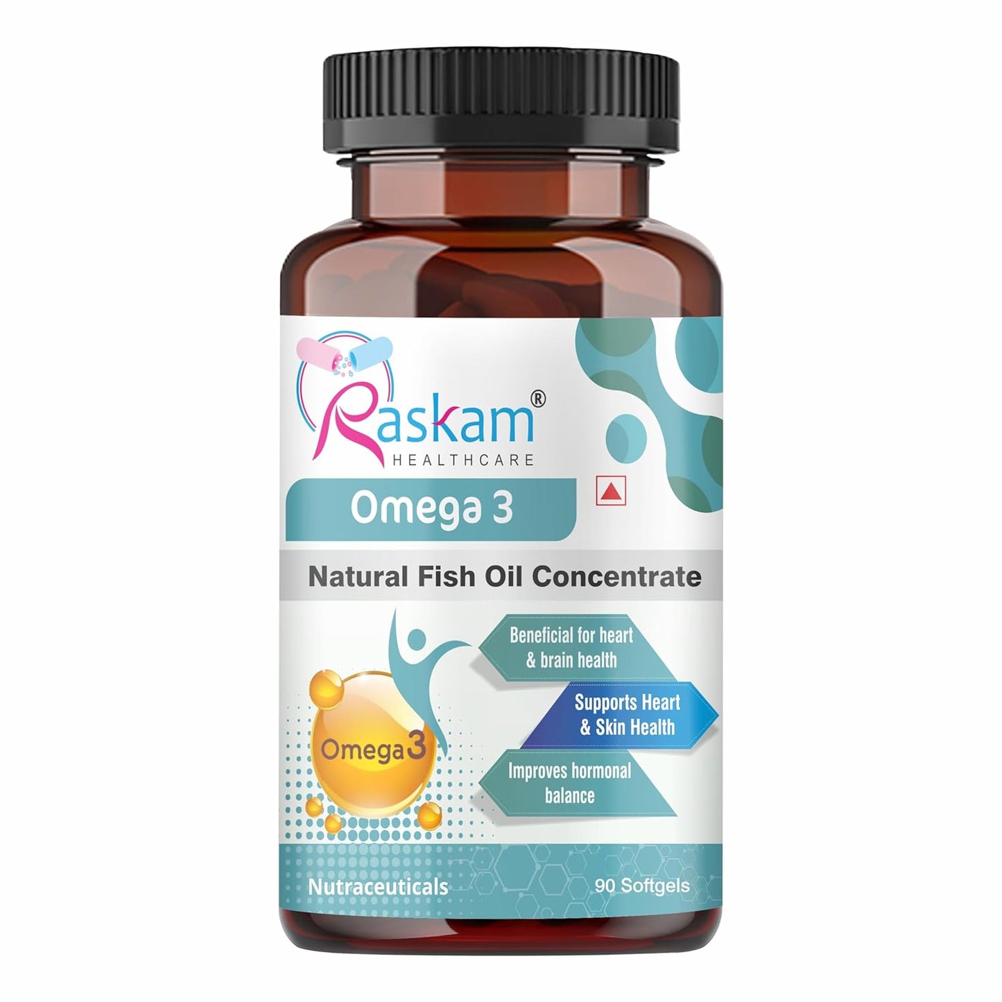 Bottle of Raskam Omega 3 Natural Fish Oil Concentrate on a white background