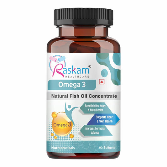 Bottle of Raskam Omega 3 Natural Fish Oil Concentrate on a white background