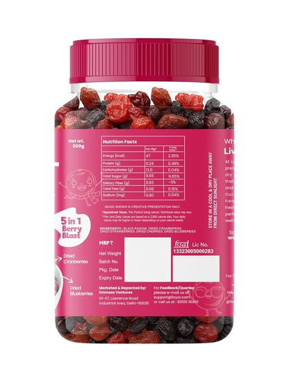 Livyor 5 in 1 Berry Mix for eating - 200g | Good Source of Fibre | Dried Cranberries | Black Raisins | Cherries | Blueberries | Strawberries | Berry Blast | Berries dry fruits | Berries fresh | Pack of 1