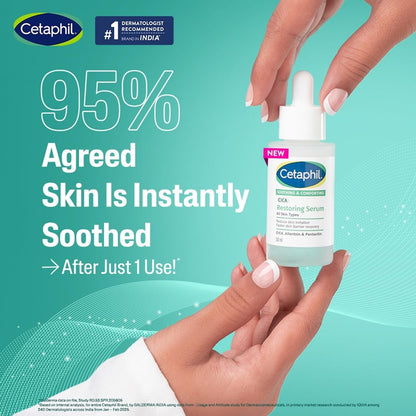 Cetaphil skincare serum bottle held by a hand with promotional text on a teal background