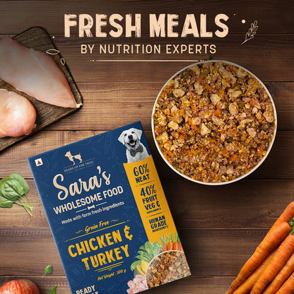 Sara's Wholesome by HUFT Grain-Free Chicken & Turkey Dog Food - 100 gm | Human Grade Ingredients | Gluten Free | Balanced Meal for Adults & Puppies
