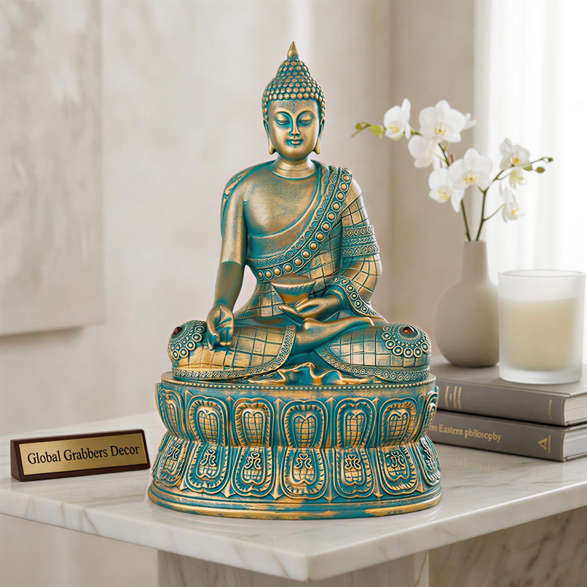 Buddha Statue Showpiece Idol Home Decor Items for Living Room and Gifts (Antique Golden Blue)