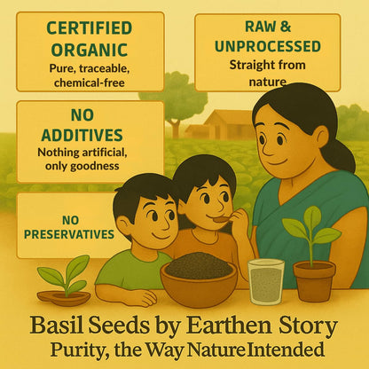 Earthen Story Organic Sabja Seeds 250g | Raw Basil Seeds | Rich in Omega-3, Fiber & Plant Protein | Gluten-Free Superfood for Digestion & Hydration