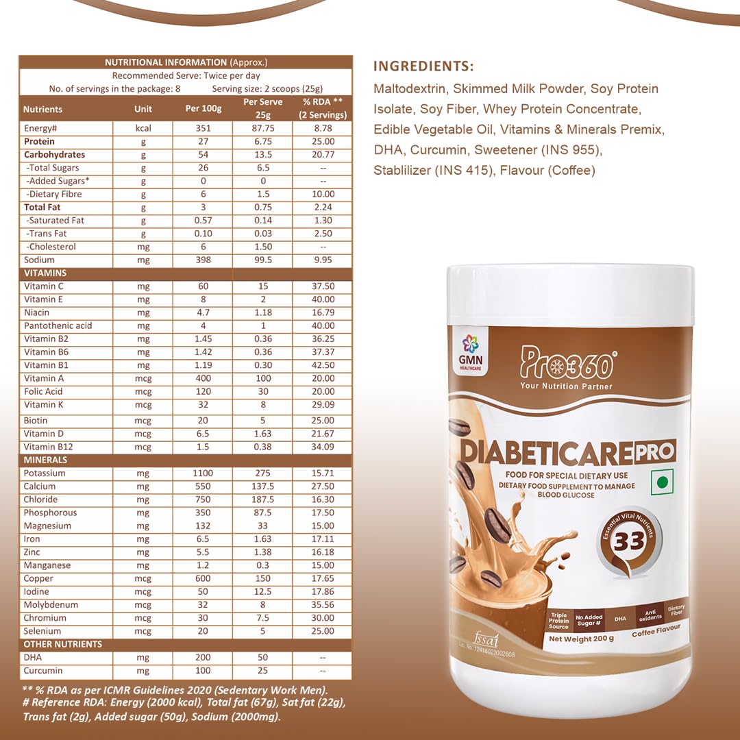 Pro360 Diabeticare Pro Protein Powder for Diabetic Nutrition Supplement for Diabetes Care Helps in Managing Glucose Levels - Zero Added Sugar - Coffee Flavour 200gm