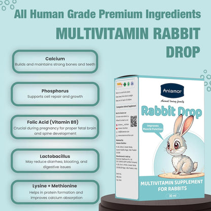 Aniamor Rabbit Multivitamin Drops 30 ml | Biotin, Vitamins A, C, D3, E & B-Complex | Daily Nutritional Supplement for Rabbits | Apple Flavour | All Life Stage