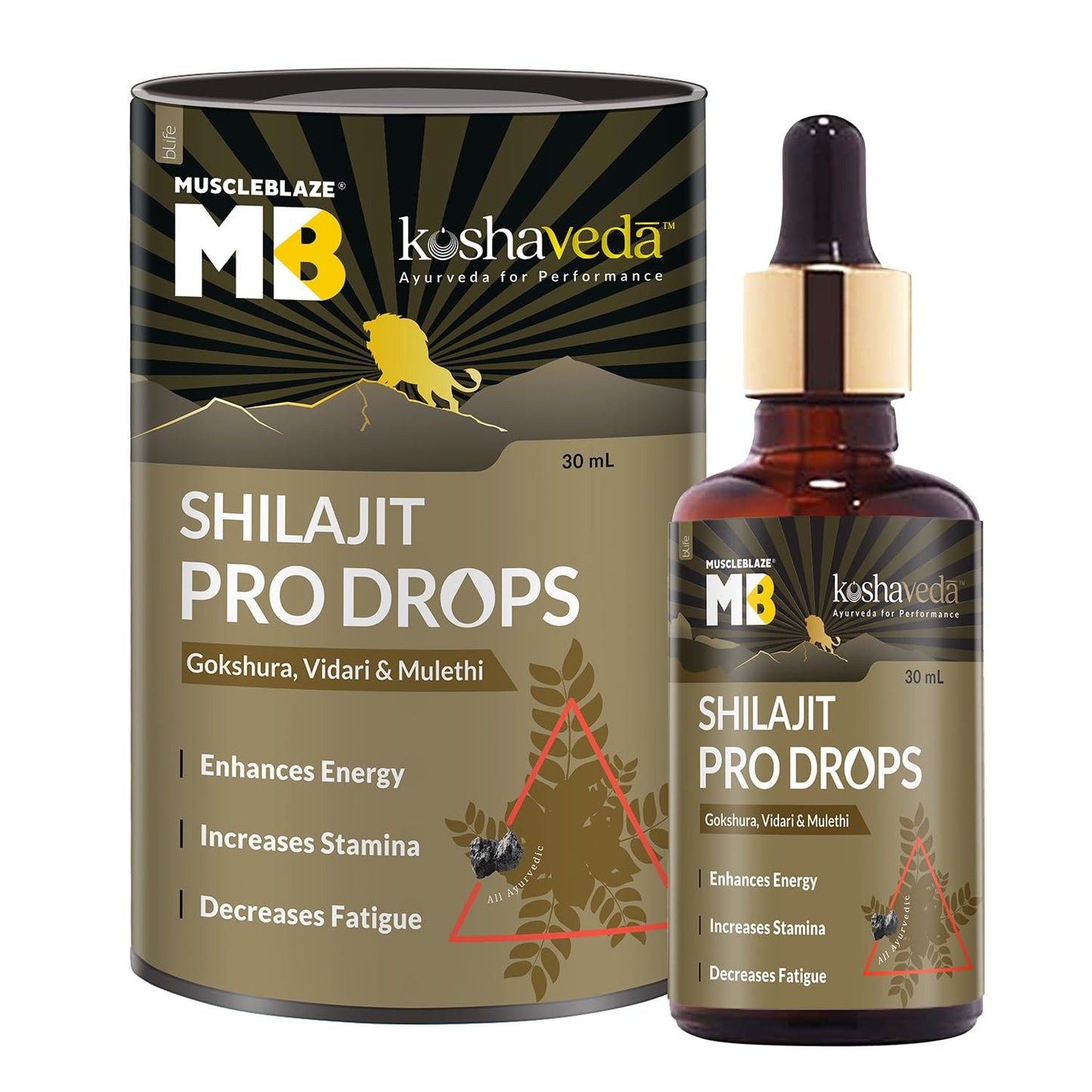 MuscleBlaze Koshaveda Shilajit Pro Drops by (30ml) | Shilajit Original with Gokshura, Vidari & Mulethi | For Energy & Stamina